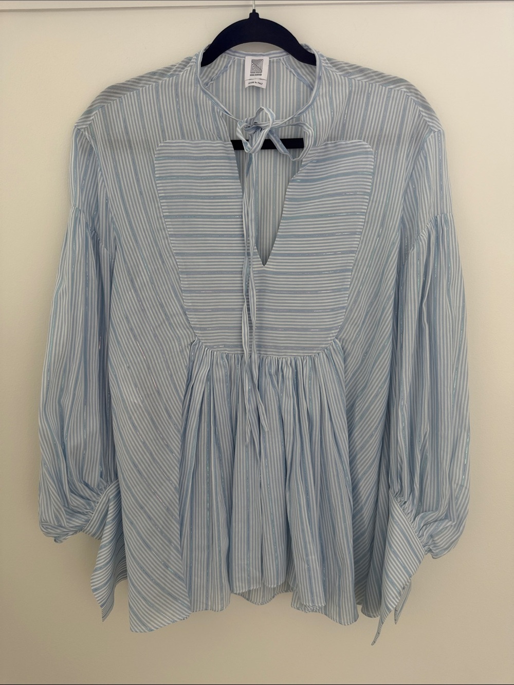 Rosie Assoulin Light Blue and White Striped Tie-Neck Tunic